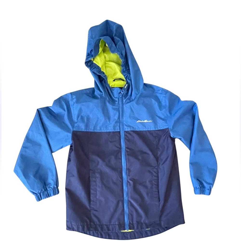 Eddie Bauer Boys Blue and Green Raincoat full zip with Hood Size S (7/8) - Picture 2 of 16